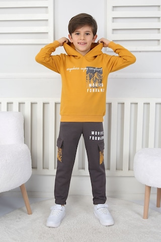 Moving Forward Kargo Cep Kapüşonlu 2 İplik Şardonlu Alt-üst Erkek Çocuk Eşofman Takımı Hardal