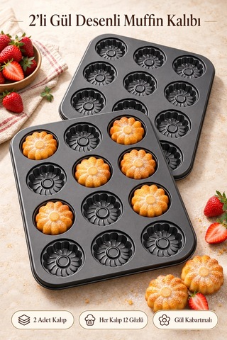 Tilbe Home 2'li Gül Kabartma 12'li Muffin Kalıbı Yapışmaz Cupcake Kek Kapsül Brownie Fırın Tepsisi P Siyah