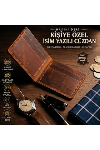 Deri Sepeti Kişiye Özel Isim Yazılı Hakiki Deri Ince Erkek Cüzdan Greyze Taba