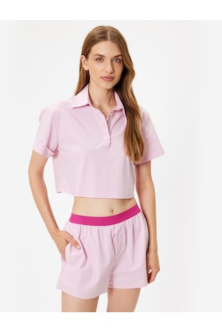 Koton Polo Yaka Crop Pijama Üstü Kısa Kollu Düğmeli Pamuklu Pembe 4slk50076mw Açık Pembe