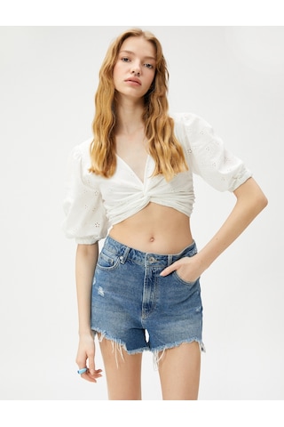 Koton Crop Bluz Brode Balon Kollu Önü Büzgülü Beyaz 3sal60067ıw 3SAL60067IW000 Beyaz