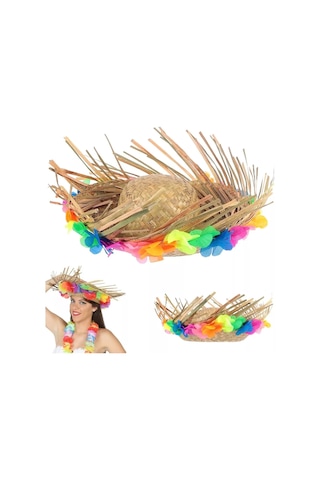 Populermarketim - Naturel Renk Püsküllü Örme Hasır Hawaii Luau Aloha Şapka 13x36 Cm Standart