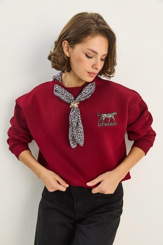 Shade Kadın Fular Detaylı Leopar Nakışlı Üç İplik Şardonlu Oversize Sweatshirt 6917 60283616 - Bordo
