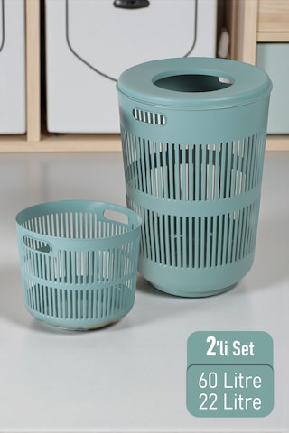 İronika Solara İkili Dekoratif Kirli Çamaşır Sepeti Seti Oyuncak Sepeti 60 - 22 Litre Yeşil Yeşil