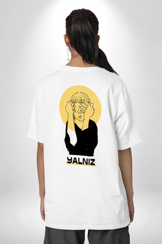 Yalnız Kadına Şiddete Hayır Beyaz Oversize Unisex Ön Ve Sırt Baskılı Tişört Beyaz
