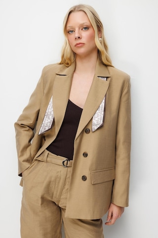 Mixray 4809 Kadın Fular Detaylı Keten Blazer Ceket Camel