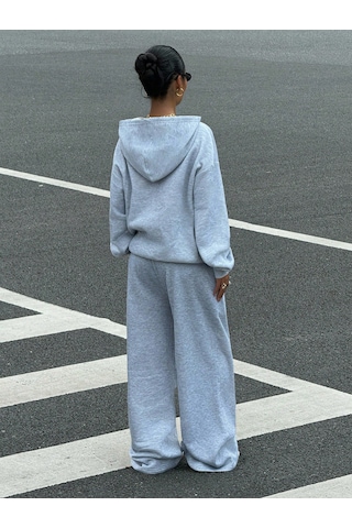 Macklin Unisex Kadın Erkek Calıfornıa Oversize 3 İplik Kapüşonlu Hoodie Ve Baggy Eşofman Altı Gri Melanj