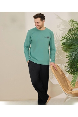 Pijamoni Erkek Pamuklu Bisiklet Yaka Uzun Kol İnce Pijama Takımı 6150/5 - 1 Adet Yeşil