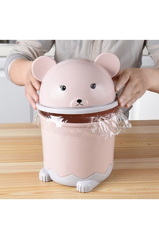 Yaratıcı Sevimli Masaüstü Çöp Masaüstü Kapaklı Küçük Kağıt Sepeti Mini Çevirme Plastik Çöp Kutusu Pembe