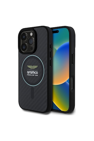 Apple Uyumlu iPhone 16 Pro Max Kılıf Aston Martin Lisanslı Magsafe Renkli Halka Ve Karbon Fiber Kapak Siyah-yeşil