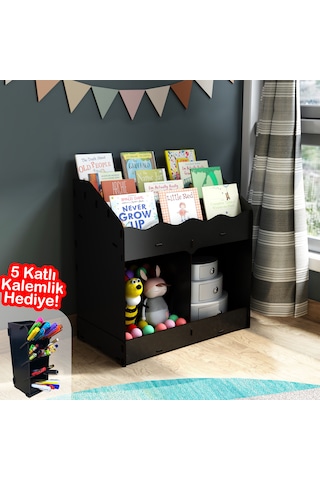 Toby Montessori Ahşap Bebek Çocuk Odası Eğitici Kitaplık Siyah