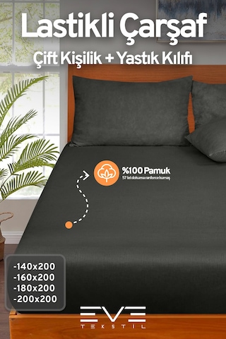 Eve Tekstil Pamuklu Çift Kişilik Rainforce Kumaş Lastikli Çarşaf Ve Yastık Kılıfı Set Siyah