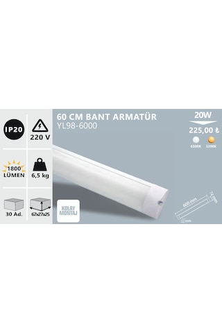 Noas 20w 60 Cm Led Bant Armatür, Beyaz Işık Yl98-6000 Beyaz