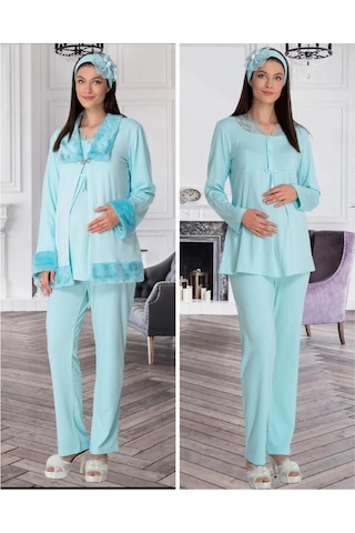 Mecit Pijama Mecit 5304 Turkuaz Peluş Detaylı Sabahlıklı Lohusa Pijama Takım