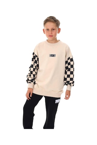 Erkek Çocuk East Coast Yazılı Kolları Dama Desenli Sweatshirt-13413-camel