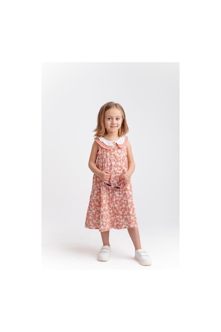 Yakası Çift Fırfırlı Çiçekli Müslin Kız Çocuk Elbise Gül Kurusu Gülkurusu