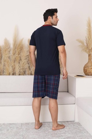 Erkek V Yaka Düğmesiz Ekose Desen Kısa Kol Cepli Şortlu %100 Pamuk Pijama Takımı Lacivert