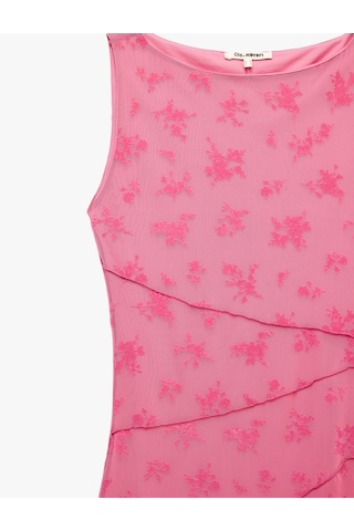 Koton Kayık Yaka Kolsuz Slim Fit Tül Elbise Pembe Desenli 7wal80017ık