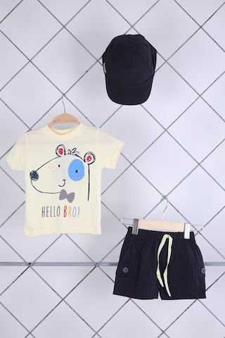 Babyhola 3'lü Tişört Keten Şort Şapka Erkek Bebek Çocuk Bayramlık Alt Üst Takım Elbise 02111 001