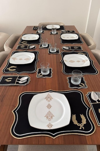 Edalım Keten Nakışlı Amerikan Servis Takımı 19 Parça Siyah Siyah