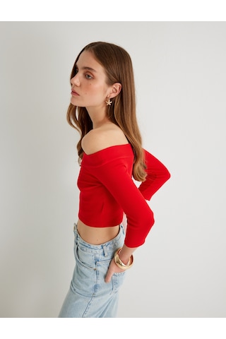 Koton Omzu Açık Crop Tişört Dirsek Boy Kol Pamuklu Slim Fit Kırmızı 4sak50021pk Kırmızı