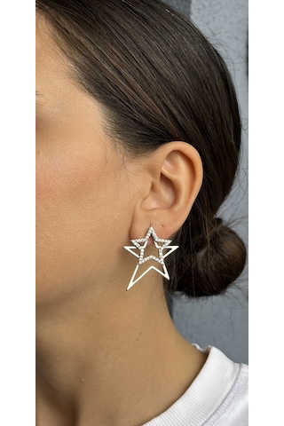 Gümüş Renkli Taşlı İki Yıldızlı Küpe