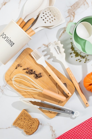 Porsima 3163  Standlı Bambu Silikon 11 Parça Servis Takımı Seti Beyaz