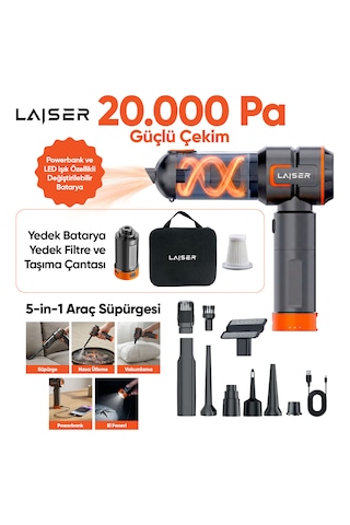 Laiser Vt-120 5-in-1 Kablosuz Araç Süpürgesi: 20.000 Pa Güç & Değiştirilebilir 2 Bataryalı Powerbank Ve Led Işık Özellikli 20000 Pa