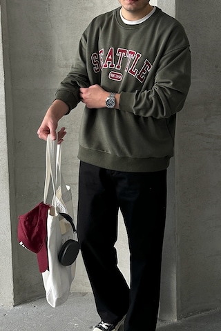 Erkek Seattle Baskılı Oversize Sweatshirt Haki