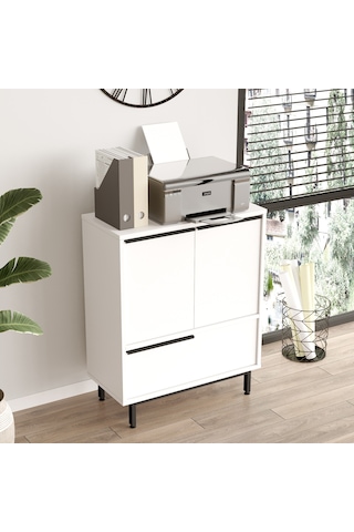 Robin Home Lidya Ofis Dolabı 3 Kapaklı Metal Ayaklı Beyaz