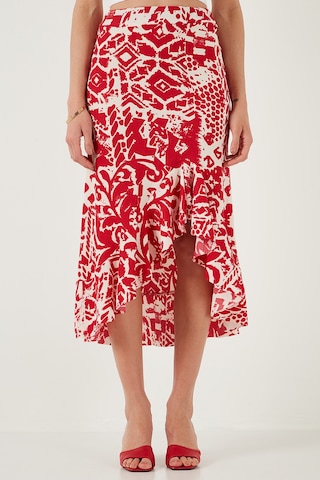 Lela Regular Fit Desenli Yüksek Bel Volanlı Midi Boy Yırtmaçlı Bayan Etek 5869013 Bordo