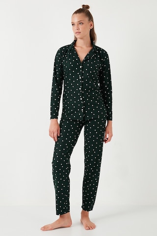 Lela Streç Standart Fit Düğmeli Bayan Pijama Takımı 60956601 Yeşil