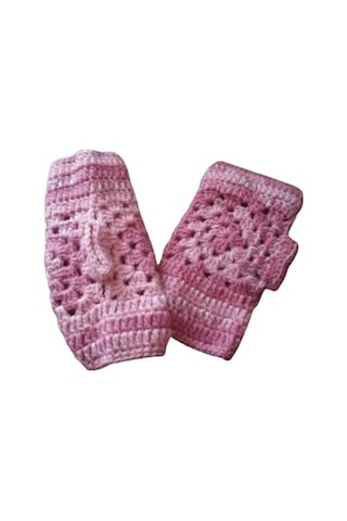 El&Ma El Örgüsü Parmaksız Lastikli Pudra Pembe Motifli Eldiven Pudra