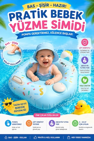 Bebek Yüzme Simidi Bas Şişir Pratik Pompa Gerektirmeyen Ebeveyn Tutma Yerli Çift Emniyetli Mavi Simi