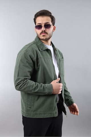 Erkek Regular Fit Haki Spor Model Fermuarlı Kot Ceket Haki