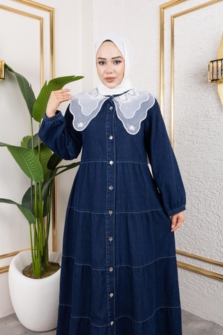 Hb Harma Time Butik Kadın Düğmeli Dantel Yaka Lacivert Kot Elbise