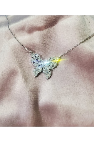 Lunafly 925 Ayar Gümüş Parlak Işıltılı Taşlı Kelebek Kadın Kolye Ort. Gümüş