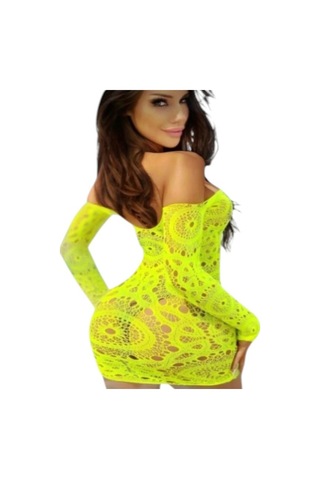 Onsekiz18shop Turuncu Dantel File Uzun Kollu Mini Elbise Vücüt Çorabı Sarı
