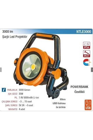 Nt Lights 3000 Lumen Şarjlı Led Projektör Turuncu