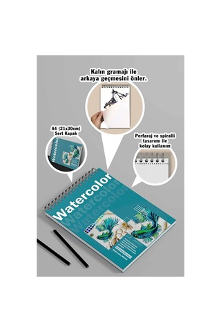 Sulu Boya Watercolor Resim Defteri A4 300gr, Sert Kapak Premium Resim Defteri