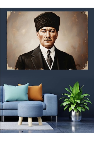 Siyah Beyaz Kalpak Başlıklı Atatürk Dekoratif Kanvas - Mdf Ahşap Tablo