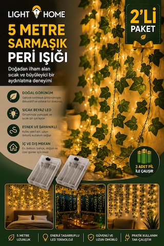 2 Adet Yapay Sarmaşık Led Işık Dekoratif Işıklı Sarmaşık Led Oda Duvar Yatak Odası Parti Yılbaşı Dekoru Her Biri 5 Metre 50 Led Sarı