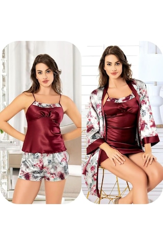Faal 20753122 Kadın 4'lü Saten Gecelik Sabahlık Takım Şortlu Takım -bordo Bordo