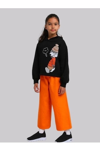 Kız Çocuk İçi Şardonlu Köpek Baskılı Kapüşonlu Sweatshirt-13615 Siyah