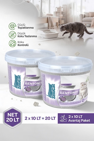 Lavantalı Gri Aktif Karbonlu Bentonit Kedi Kumu 2x10 Lt Güçlü Topaklanan, Koku Kontrolü, Kovalı