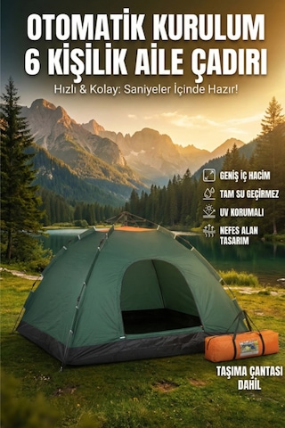 Özel Üretim Su Geçirmez Dayanıklı Pratik Otomatik Kurulumlu Kamp Çadırı 6 Kişilik 220x250x150cm Çok Renkli