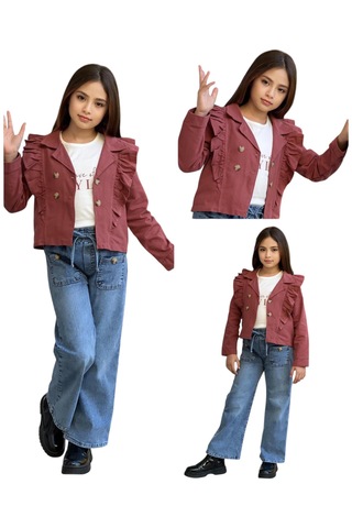 Kız Çocuk Ceket Fırfır Detay Kiremit Renk Ceket Tişört Üçlü Takım Kiremit