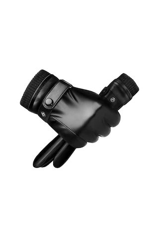 Kış Rüzgar Geçirmez Dokunmatik Ekran Suni Deri Bisiklet Eldiven Siyah