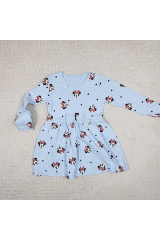 Momikon Minnie Mouse Baskılı Uzun Kollu Pamuklu Açık Mavi Elbise Açık Mavi