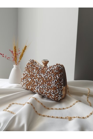 Vivazzaluxe Kristal Taşlı Kadın Abiye, Clutch Çanta Bronz